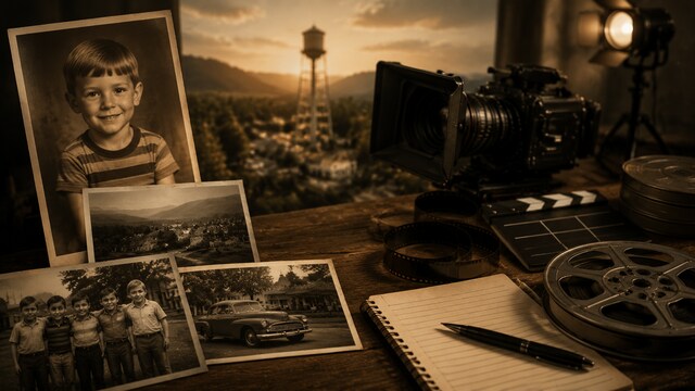 Cinematic representation of Albert Omstead early life with childhood photos and film production symbolism.